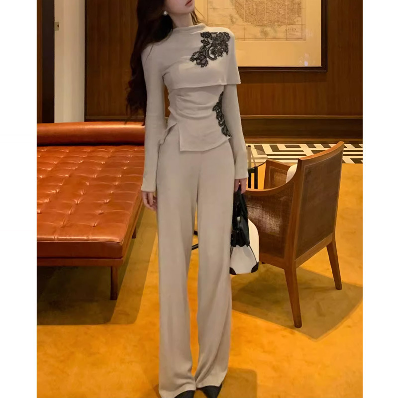 复古穿搭女2025新中式半高领长袖针织衫刺绣上衣高腰阔腿裤套装秋|undefined