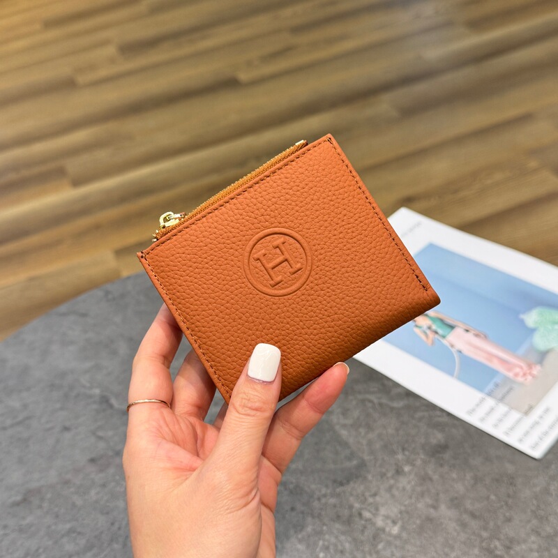 H Brand Same Style Spring New Cross-Border Ultra-Light Card Coin Purse H Letter Top Layer Leather Lychee Pattern Genuine Leather Wallet Short Style