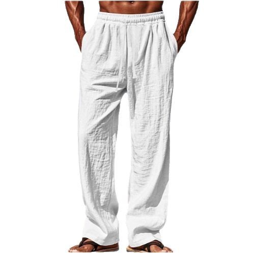 2025 Hawaii Summer Men's Casual Long Pants with Pouch Drawstring Elastic Waist and Plain Comfortable Breathable
