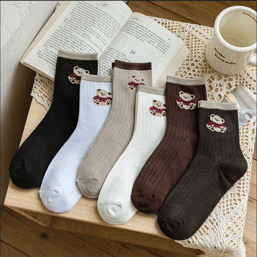 Teddy Bear Socks Women's Korean Style Medium Socks Versatile Autumn and Winter Thick Warm Stockings Women's Socks Factory Wholesale