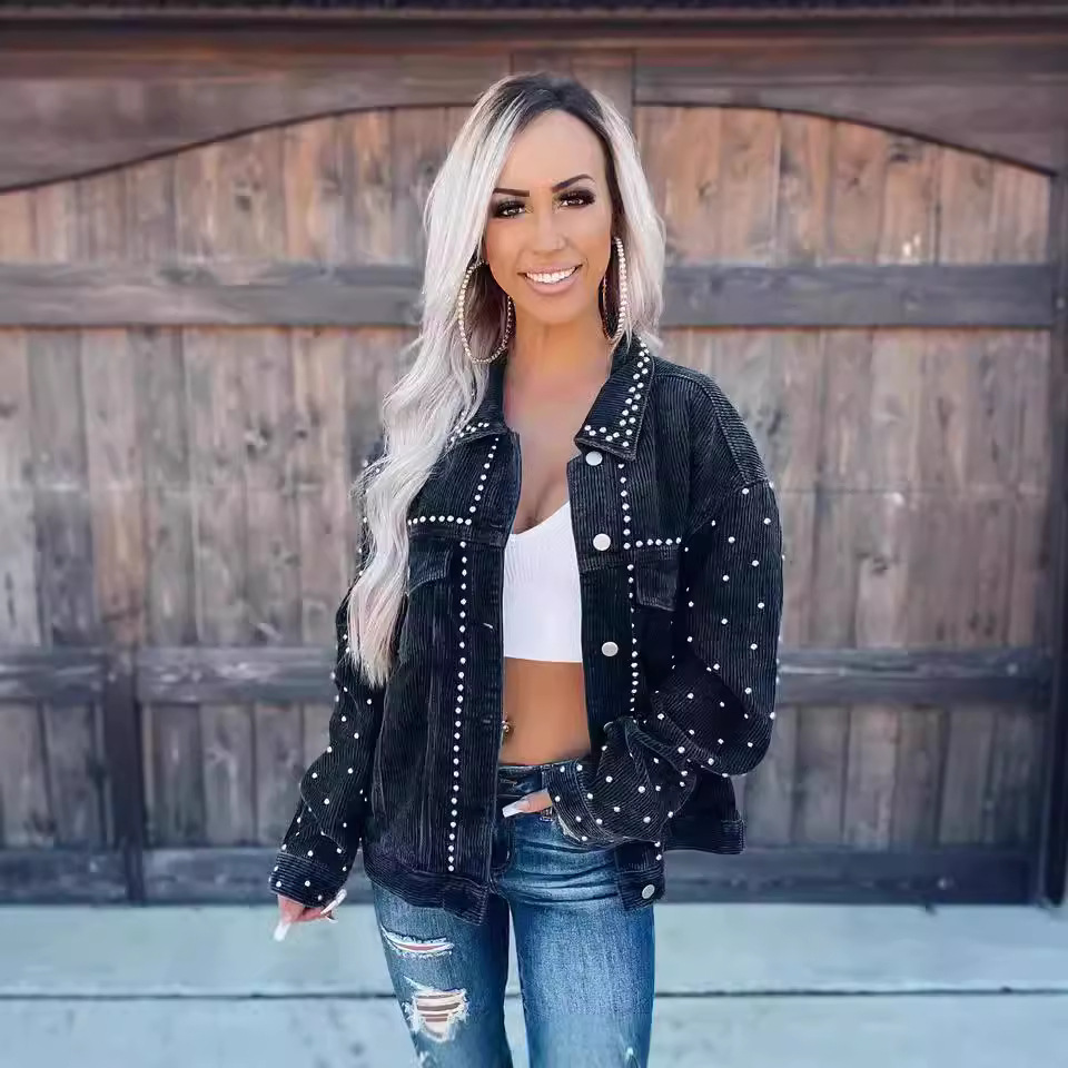 Women's Clothing 2024 early autumn new style casual fashion corduroy rivet long sleeved jacket_voghion.com