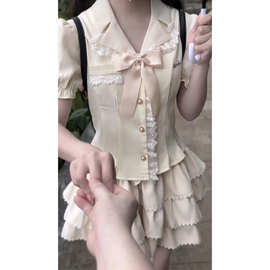 清新甜美风韩系新款一整套穿搭蝴蝶结蕾丝收腰V领上衣短裙两件套