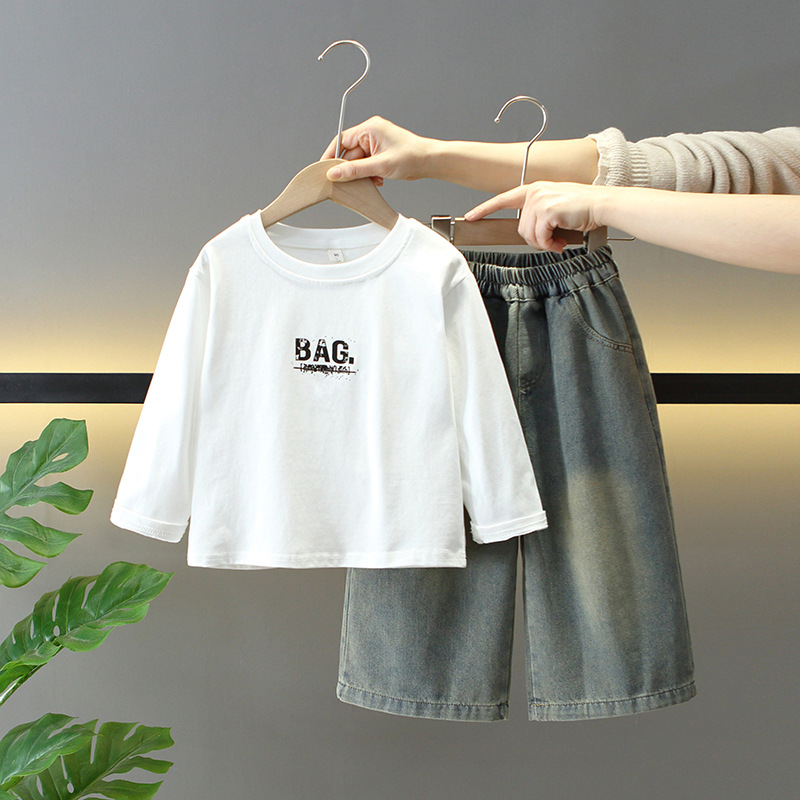 7678 traje de primavera y otoño para niños 2025 nuevo estilo chaqueta de camisa para niños bebé primavera traje de tres piezas de moda coreana