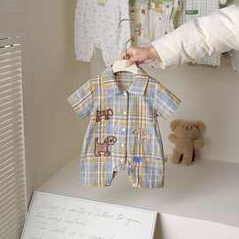 婴儿连体衣男宝宝格子短袖衬衫爬服夏装新生儿百天满月服包屁哈衣