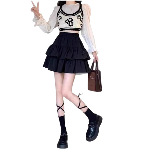 Black fluffy cake skirt for women's summer new elastic high waist slimming small anti-exposure a-line short skirt