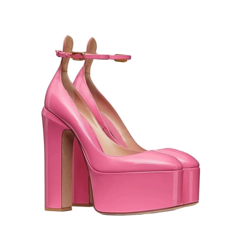 European and American Round-Toe Patent Leather Sky-High Platform Chunky Heel Single Shoes Closed-Toe Large Size Runway Shallow High Heels