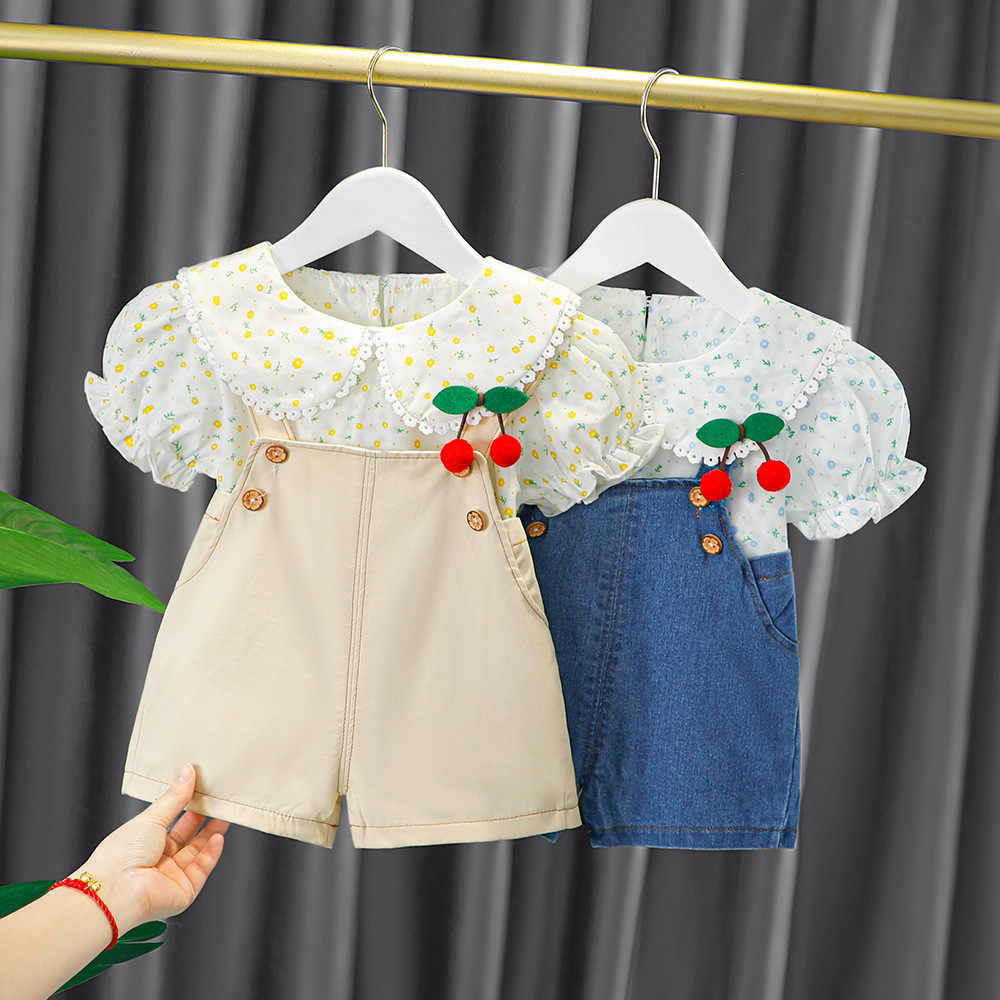 Summer new children's suit children's clothing generation hair girl doll collar lovely braces shorts two-piece suit 1622