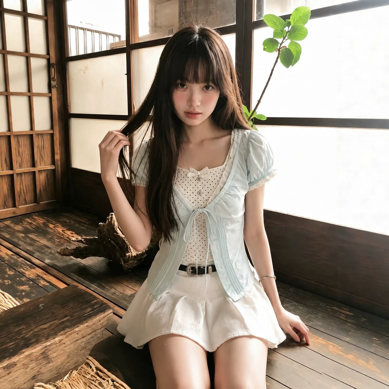Korean-Style Sweet Girl Style Polka Dot Fake Two-Piece Top for Women, New Summer Model with Tie Waist, Slimming and Age-Reducing Puff Sleeve Short-Sleeve Shirt