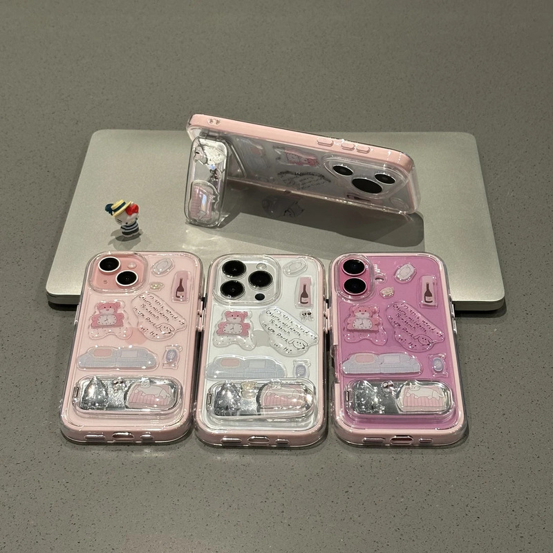 滴胶粉熊贴纸适用苹果iPhone17/16pro手机壳15二合一13镜子支架14|undefined