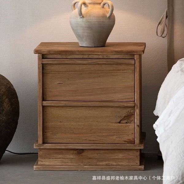Wabi-Sabi Style Old Elm Chest of Drawers Solid Wood Bedside Table Log Style Furniture Chest of Drawers Bedroom Bedside Storage Cabinet Tea Cabinet
