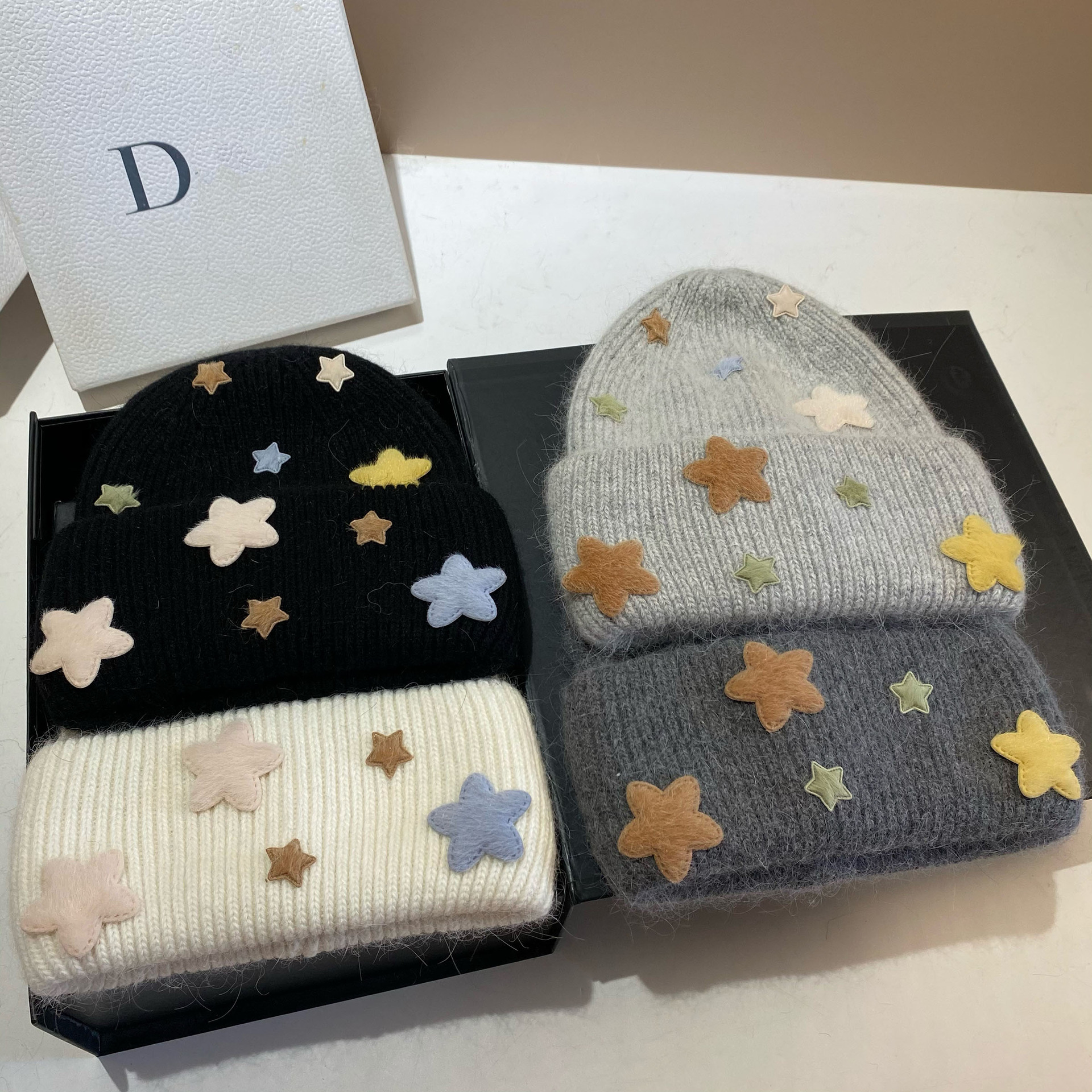 Gorro beanie de punto para mujer de pelo de conejo invierno_voghion.com