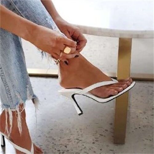 Women's 2025 Summer Off-White Laced Square Head Fashionable Versatile Casual Slip-On Low Heel Slim Heel Cooling Slippers