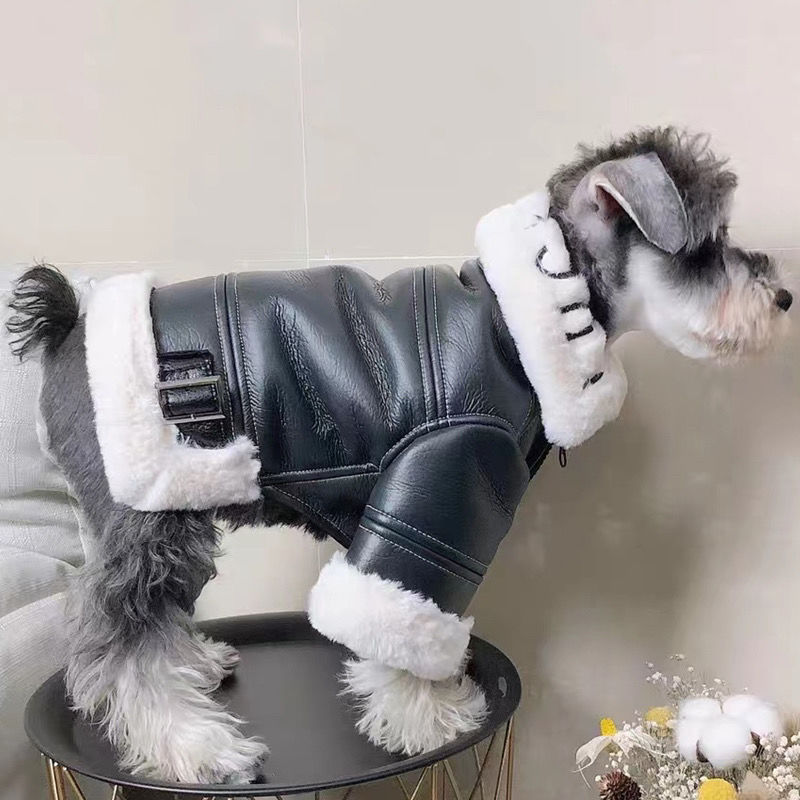Dog Clothes Winter Thickened Trendy Brand Fur Integrated Motorcycle Jacket Small Dog Teddy Pomeranian Schnauzer Cat