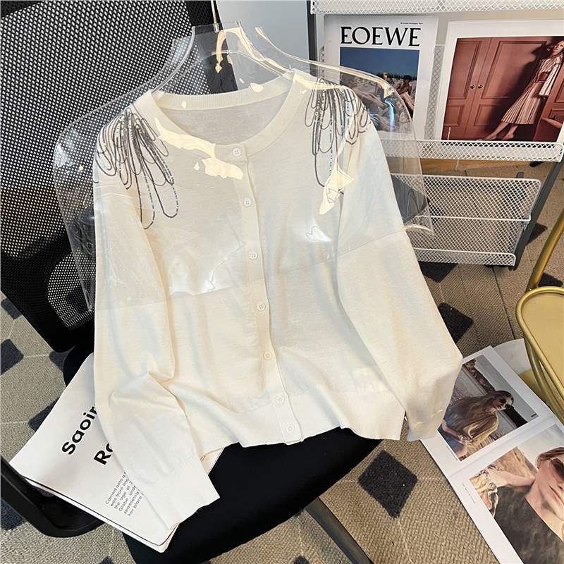 B*C Classy Silk Wool Sweater Heavy Industry Accessible Luxury Style Shoulder Chain Decoration Round Neck Long-Sleeved Knitted Cardigan for Women