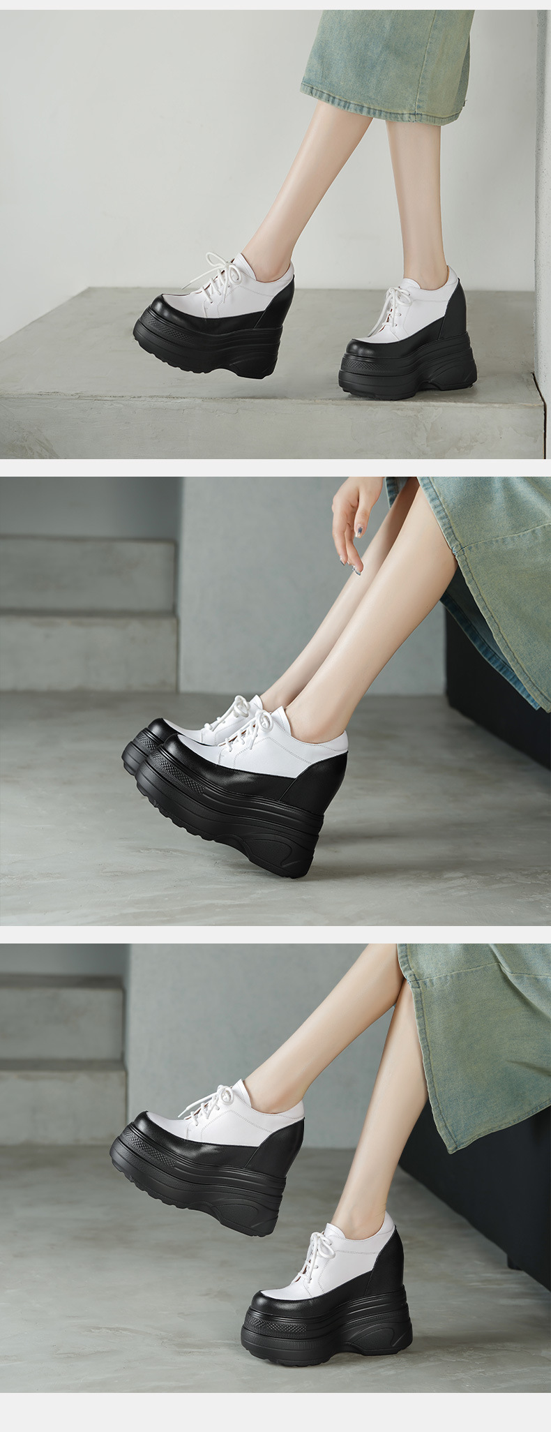 Giày bệt nữ tăng chiều cao 14cm siêu cao gót, đế xuồng dày, buộc dây loafer — đen, trắng chi tiết 6
