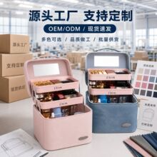 简约化妆箱PU皮化妆品收纳箱复古牛仔纹手提箱大容量化妆包现货