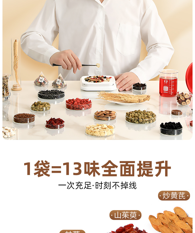 Five Treasure Herbal Tea Bags with Ginseng Huangjing Mulberry Goji Raspberry Cornus and Black Bean 300g key features