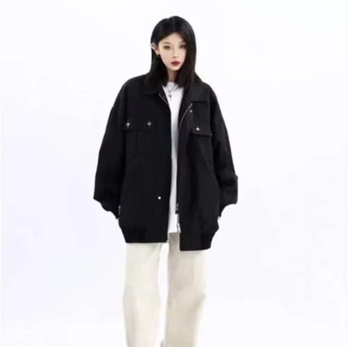 Long-sleeve Harajuku Jacket, Solid Color, Literary Spring and Autumn Outerwear, Trendy Collar, Youthful and Popular Men's Zipper Standard Simple