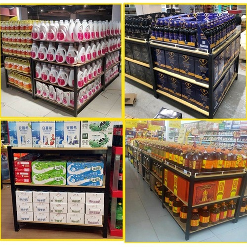 Supermarket stack of oil stacks of milk stacks of drinks promotion counter shelves stacked display center island cabinets gift display rack