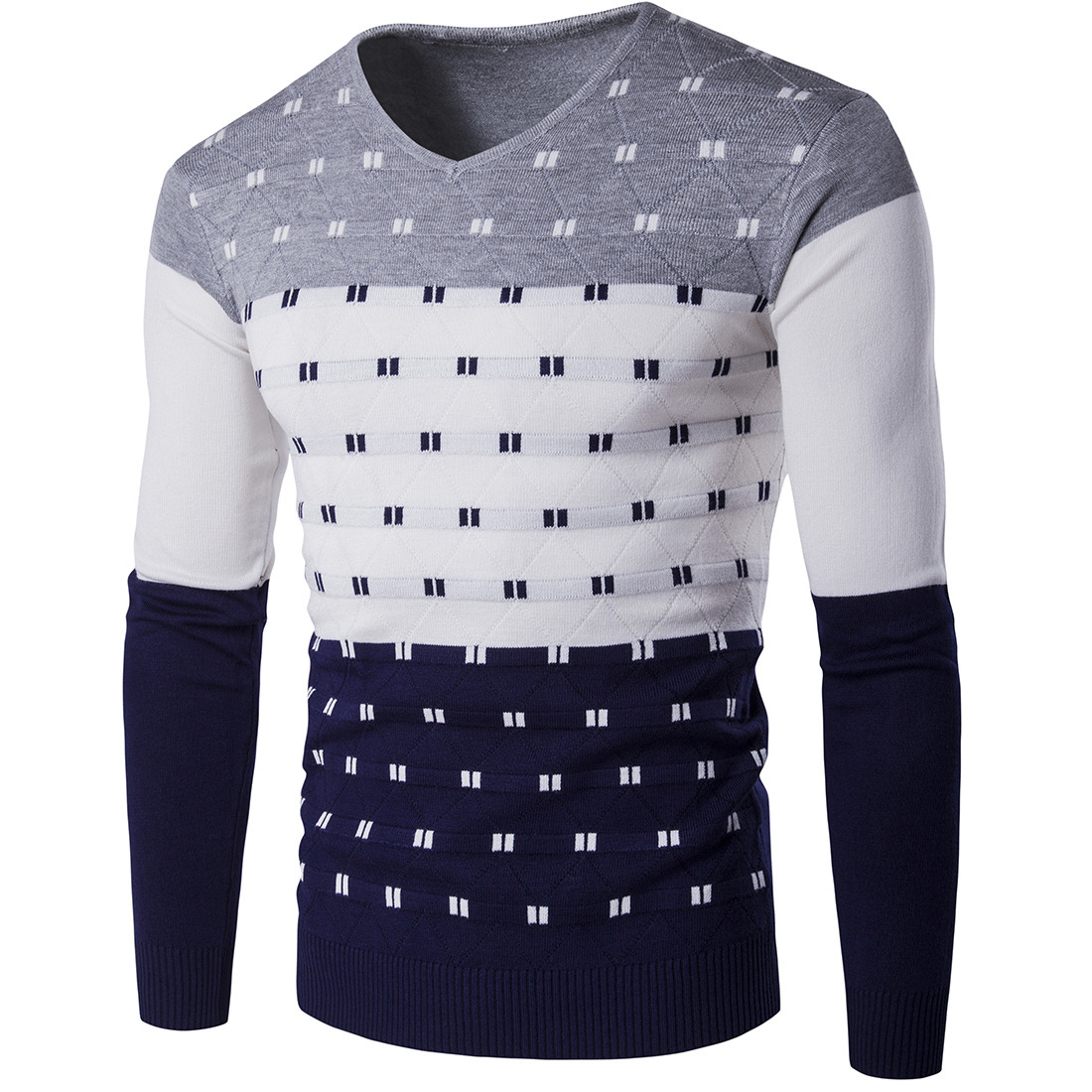 2023 autumn and winter men's color-blocked V-neck sweaters Korean style slim sweaters men's base line shirts_voghion.com
