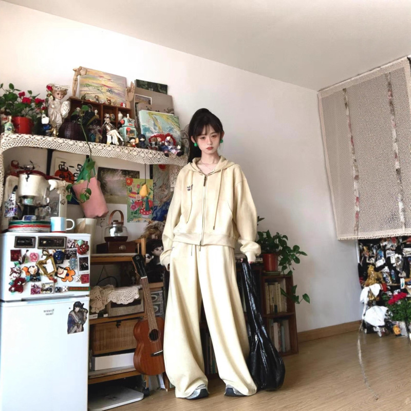 秋冬季高级感休闲时尚运动套装女学生慵懒风开衫卫衣阔腿裤两件套|undefined