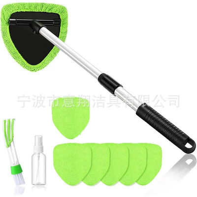 Car Windshield Wiper Cleaning Brush, Car cleaning tools - 1-pentagonal-telescopic-pole-7-green-cloth-covers-1-spray-bottle-1-detail-brush