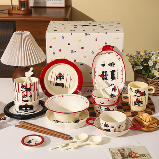 Schnauzer Series Cartoon Ceramic Tableware Holiday Event Gifts High-Looking Puppy Dishes and Plates Housewarming Gifts