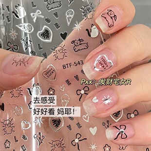 Y2K Liquid Silver Heart Bow Nail Art Sticker Ins Sweet Cool Sexy Graffiti Cat Letter Nail Sticker