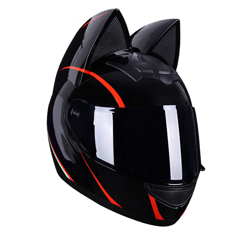 Casco de motocicleta eléctrica HNJ, casco integral con oreja de gato certificado 3C para mujer, verano, se puede equipar con auriculares Bluetooth, casco integral para motocicleta