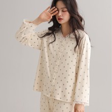 乌拉拉公主 冬季新品韩系甜美花边V领开衫双面澳毛绒睡衣家居服女