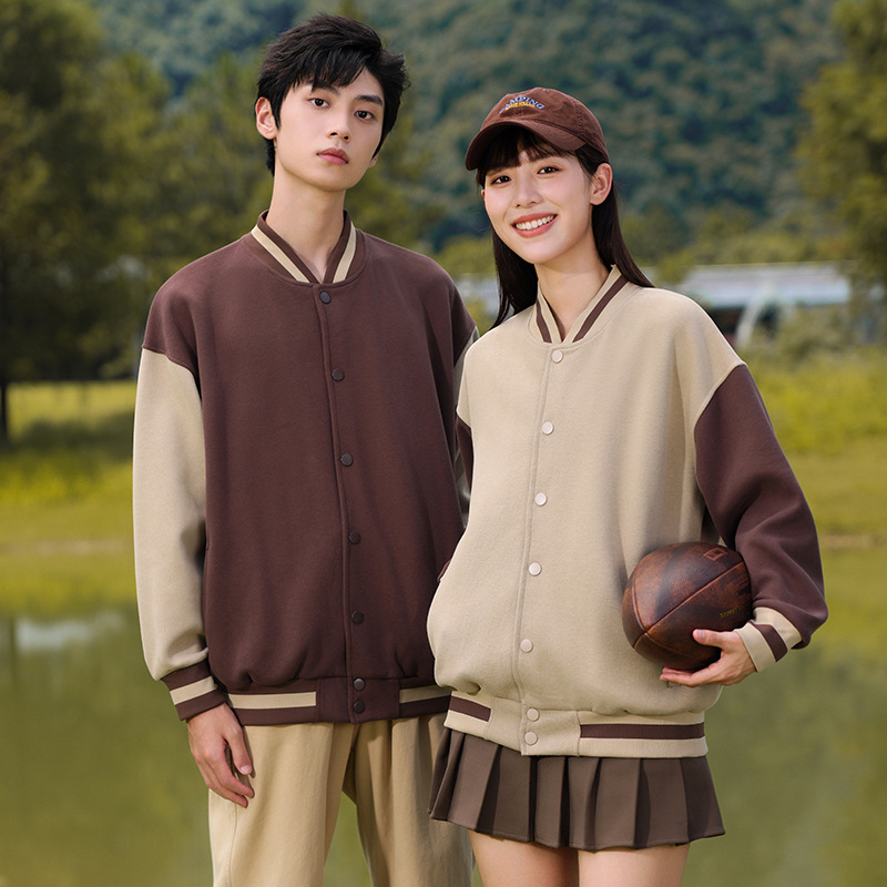 New autumn/winter color-blocked preppy style baseball jacket cardigan sweatshirt with fleece lining, loose-fitting trendy drop-shoulder coat with raglan sleeves