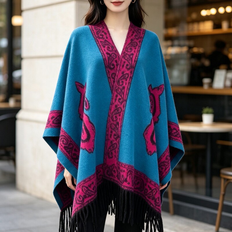 Women's spring and autumn cape coat, Korean style, ethnic-inspired long cardigan, faux wool blanket shawl, warm outerwear