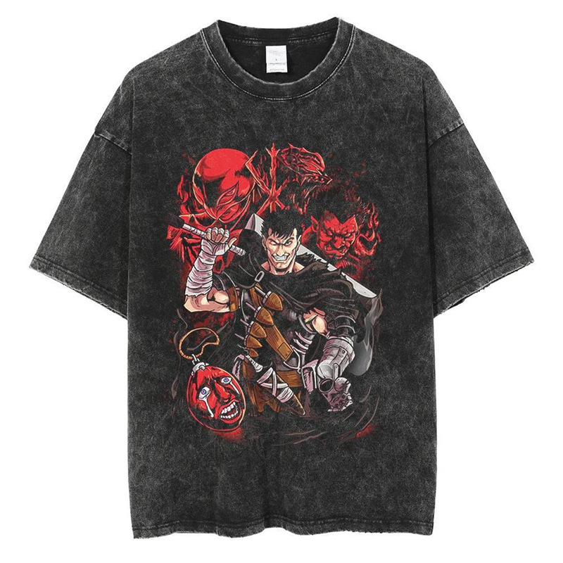 Vintage Washed T-Shirt Men Summer Japanese Anime 2024 Print