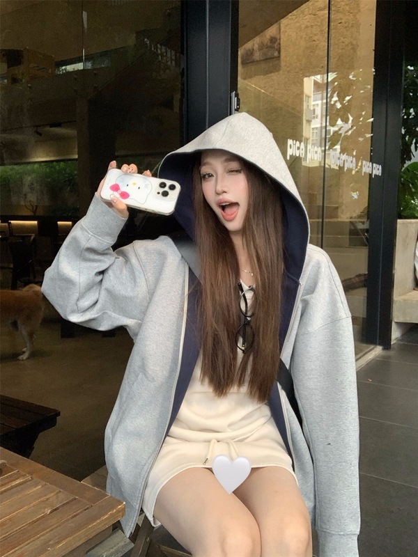 美式复古撞色连帽拉链卫衣外套女秋季休闲宽松开衫慵懒风灰色上衣|undefined