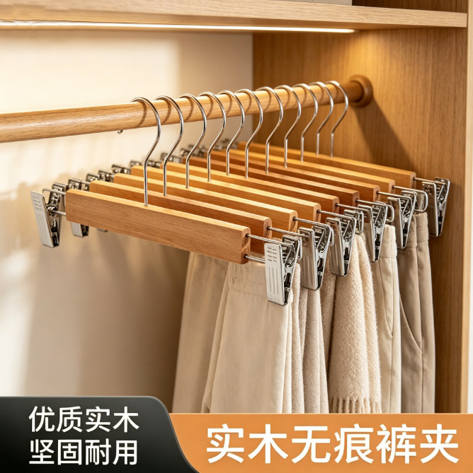Pants Hanger for Home Use, Non-Marking Storage, Hanging Pants, Clothing Store Hanger, Solid Wood Rack, Trouser Clips, Wooden Pants Clips