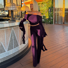 C25ST320欧美女装秋季新款纯色休闲露肩荷叶边一字肩上衣长裤套装