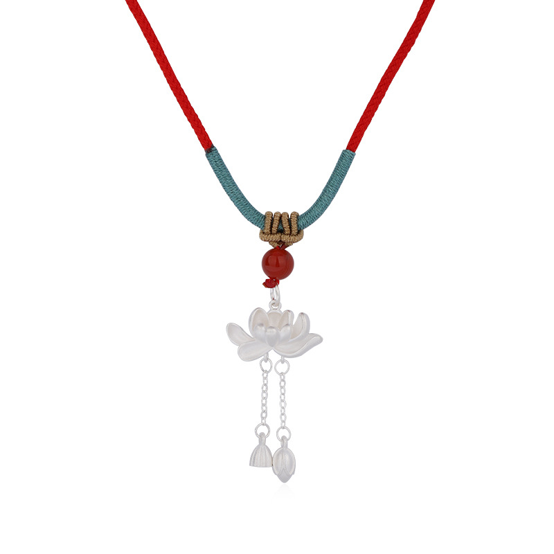 990 plata pura Lotus collar Luz de lujo nicho popular estilo antiguo dos mundo feliz colgante borla cuerda tejida suéter cadena