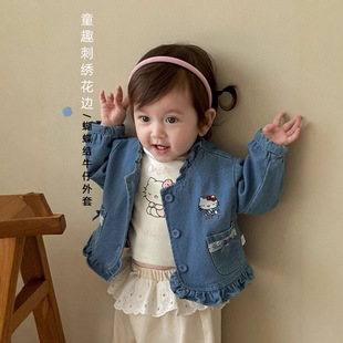 Girls Cat Denim Clothes 2025 New Autumn Children's Style Korean Style Sweet Tops Baby Bow Top