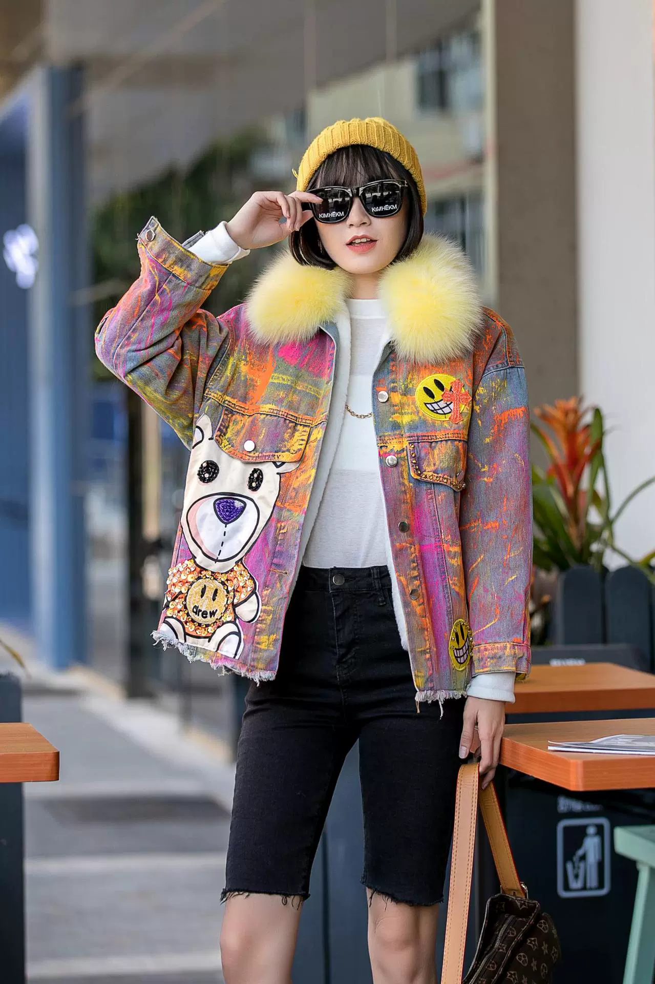 Таиландское модное Брендовое утолщенное джинсовое пальто на флисовой подкладке с большим шерстяным воротником, женское стильное Свободное пальто с хлопковой подкладкой, уменьшающее возраст, для тяжелой промышленности, с ручной росписью