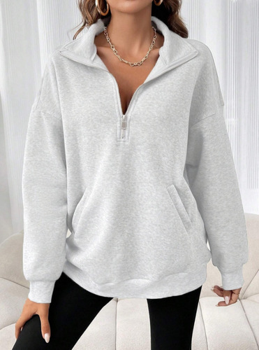 2024 European and American Cross-border Autumn New Fashion Zip-Up Collar Solid Color Casual Women's Sweatshirt European and American Style Loose Fit