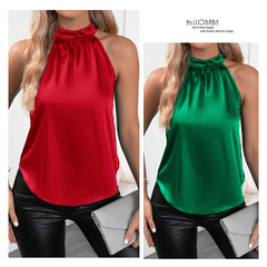 亞馬遜2025歐美跨境外貿夏季新款色丁背心女純色露肩掛脖無袖上衣