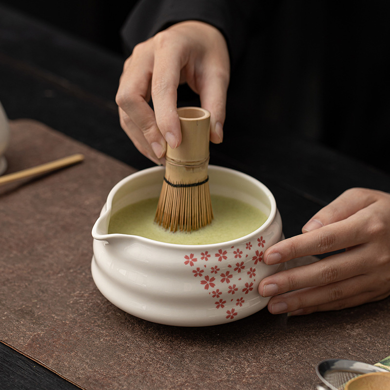 樱花落抹茶四件套日式点茶道大号陶瓷打茶碗茶筅茶刷百本立茶配件|undefined