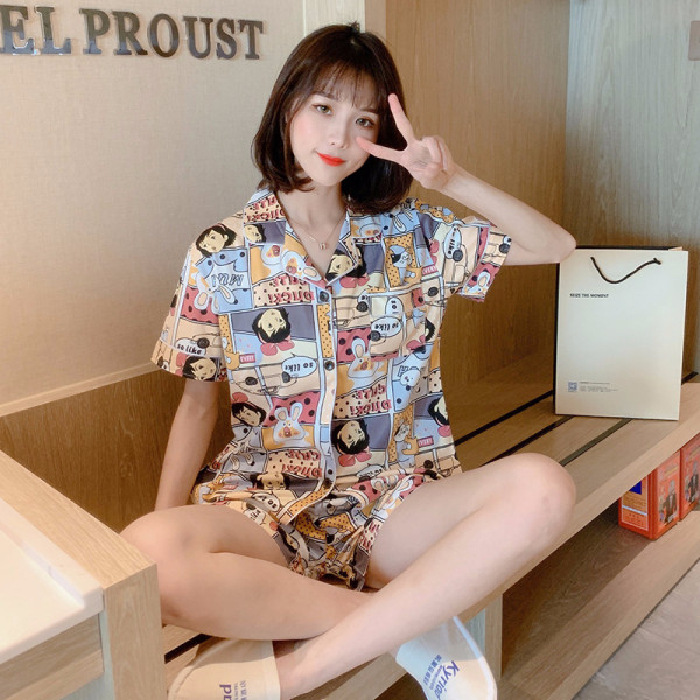 Pijamas de verano de las mujeres de manga corta linda chica Corazón de dibujos animados solapa desgaste del hogar WeChat transmisión en vivo en línea traje de entrega de una pieza