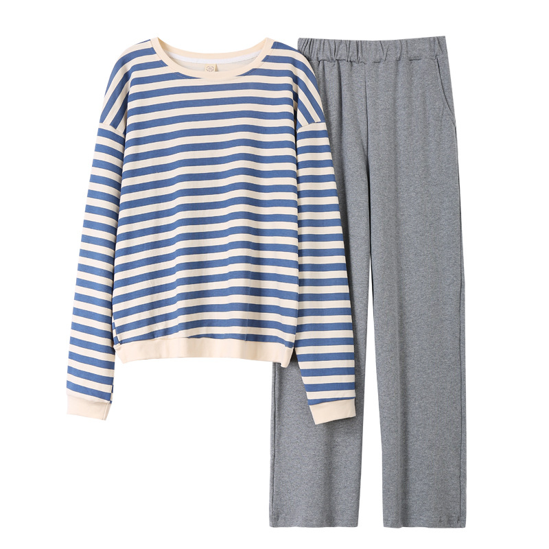 Pijamas de algodón para mujer Otoño e Invierno cuello redondo manga larga traje a rayas algodón estilo coreano más el tamaño que adelgaza el desgaste del hogar se puede usar fuera