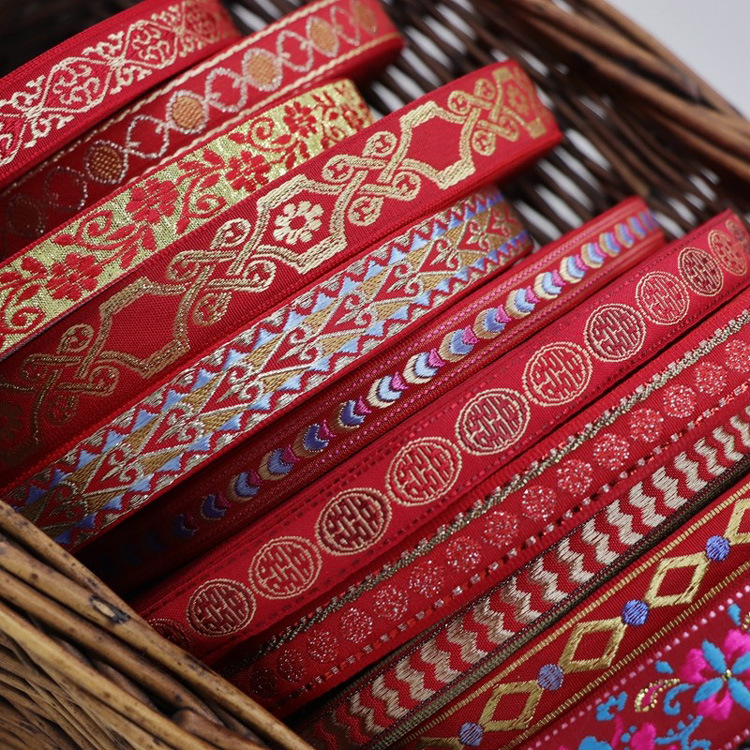 民族风花边辅料装饰布料红色底古典刺绣提花织带缎带diy手工制作