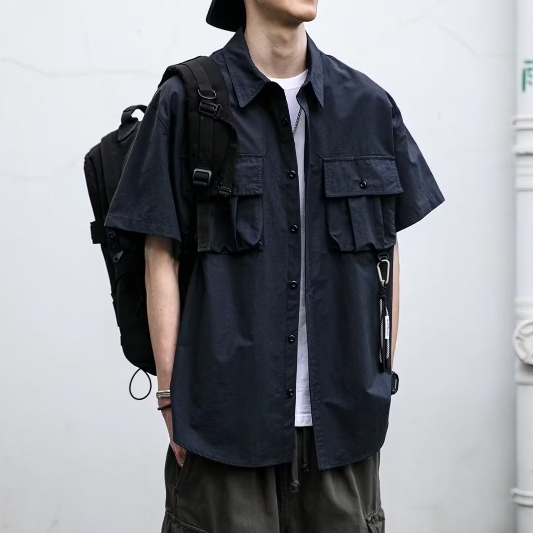 日系复古工装短袖衬衫男夏季潮牌户外休闲百搭青少年衬衣外套