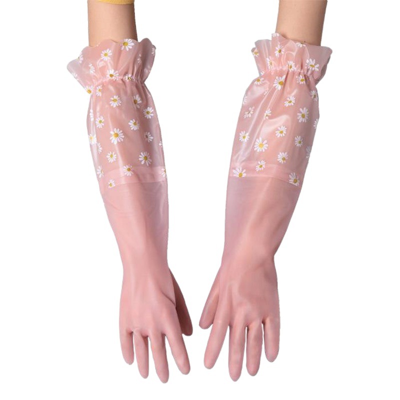 Limpieza de la cocina del hogar lavavajillas ropa guantes terciopelo engrosado alargado algodón cálido látex de goma guantes de encaje