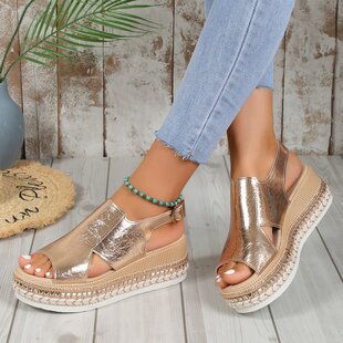Foreign Trade 2025 Summer New Large Size Fish Mouth Buckle Wedge Sandals for Women with Thick Soles and Glossy Women's Sandals