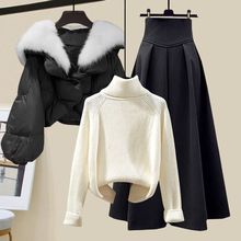 冬季套装女新款韩系温柔风棉服外套高领毛衣显瘦半身裙三件套