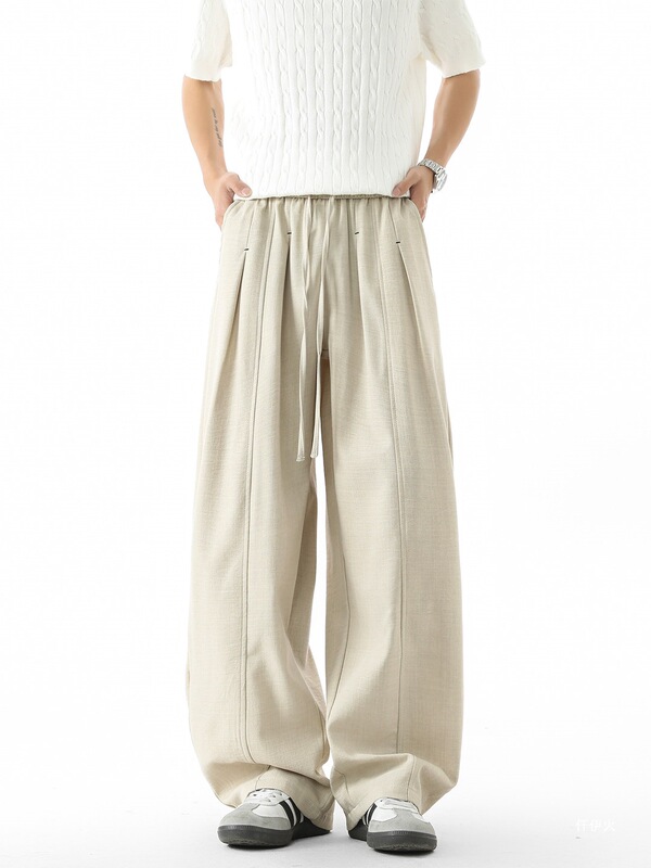 Men's Summer Thin Breathable Pleated Linen Pants, Wide-Leg Casual Trousers, Trendy Straight Loose Cotton-Linen Pants